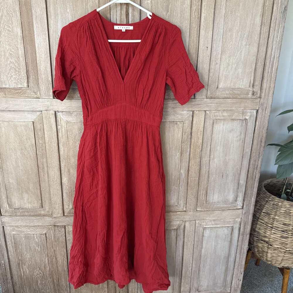Xirena Mila Dress Size XS Bright Red Cotton Gauze V Neck Short Sleeve Midi Boho